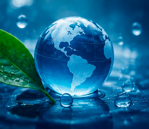 Planeta Terra com folha verde e gotas d'água, simbolizando o impacto ambiental do descarte correto de óleo